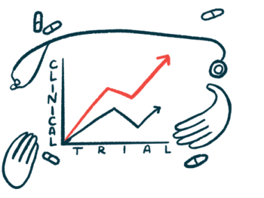 A graph labeled Clinical Trial shows large gains and is framed by a stethoscope, a pair of hands, and a scattering of pills.