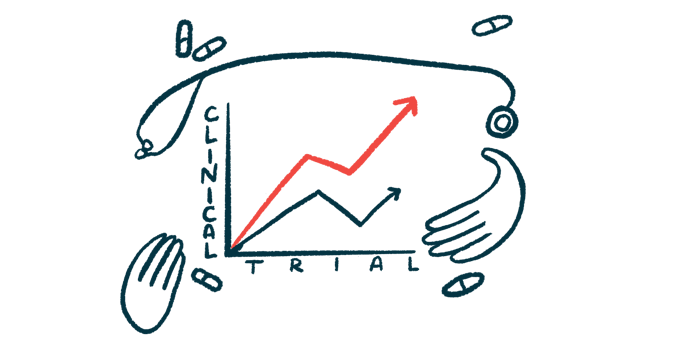 A graph labeled Clinical Trial shows large gains and is framed by a stethoscope, a pair of hands, and a scattering of pills.