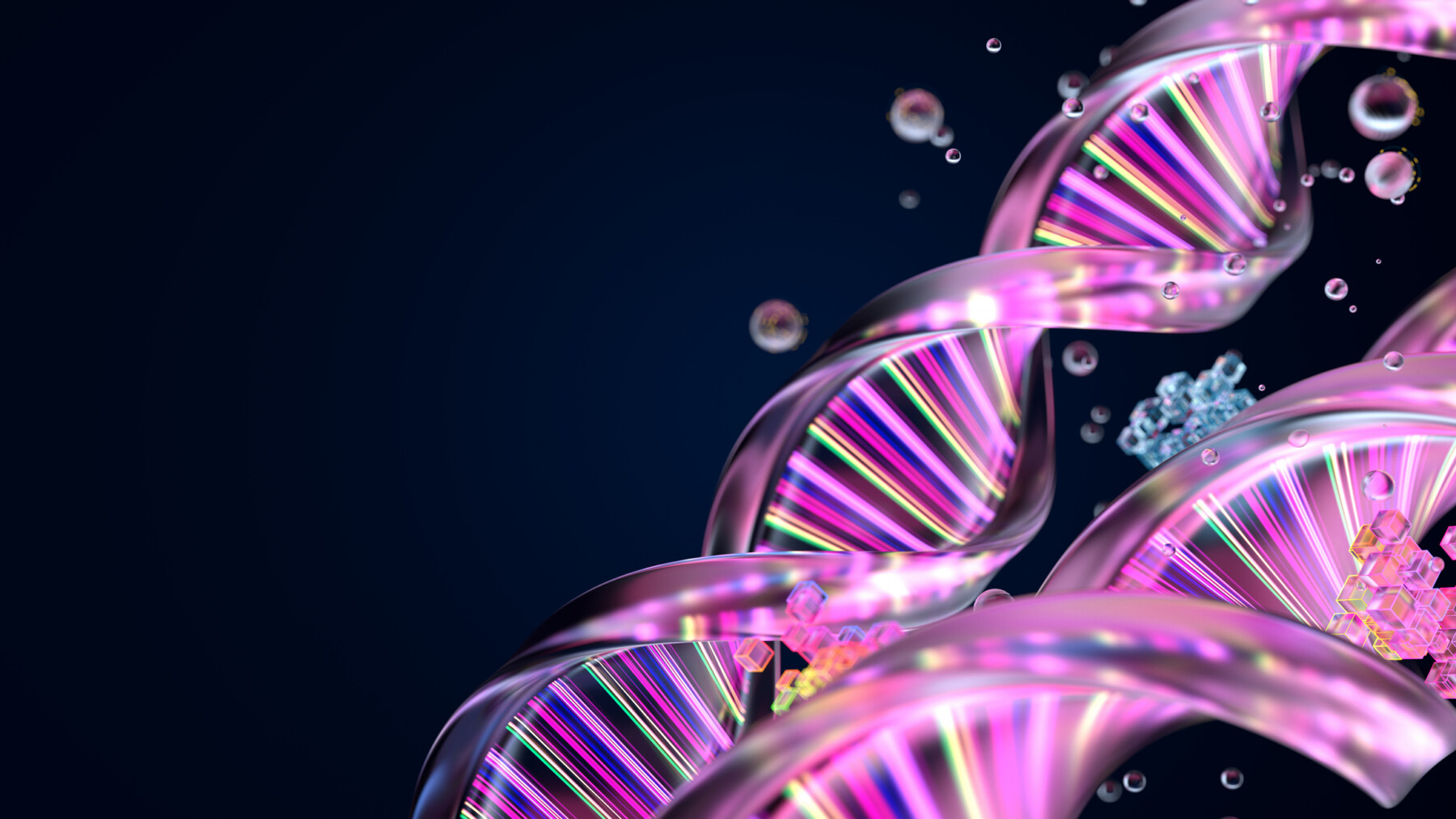 A DNA strand is shown in colors of purple and yellow.