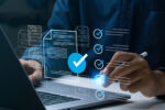 A person uses a laptop, with an online checklist superimposed between the person and the display.